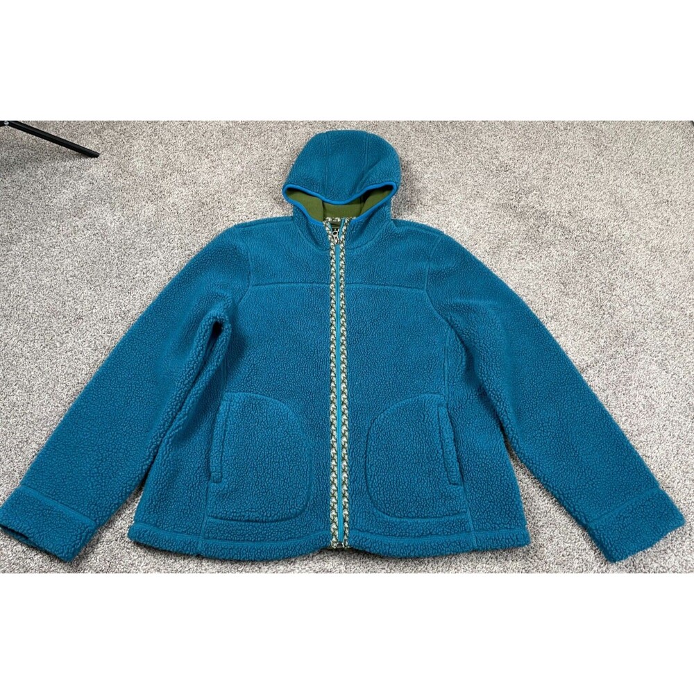 LL Bean Fleece Jacket Womens Large Full Zip Hooded Deep Pile Teal Fuzzy Cozy Top